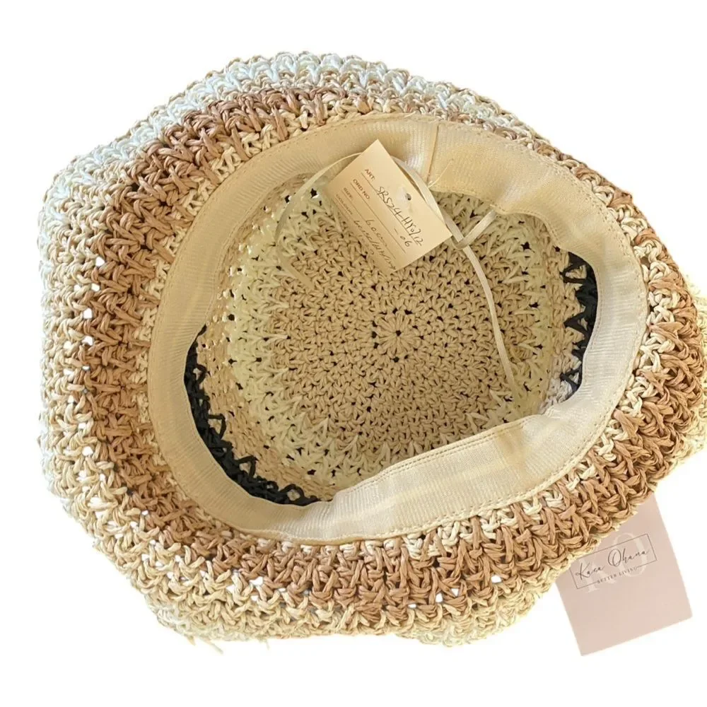 Crochet Stripe Beige Black Ivory Bucket Hat NWT